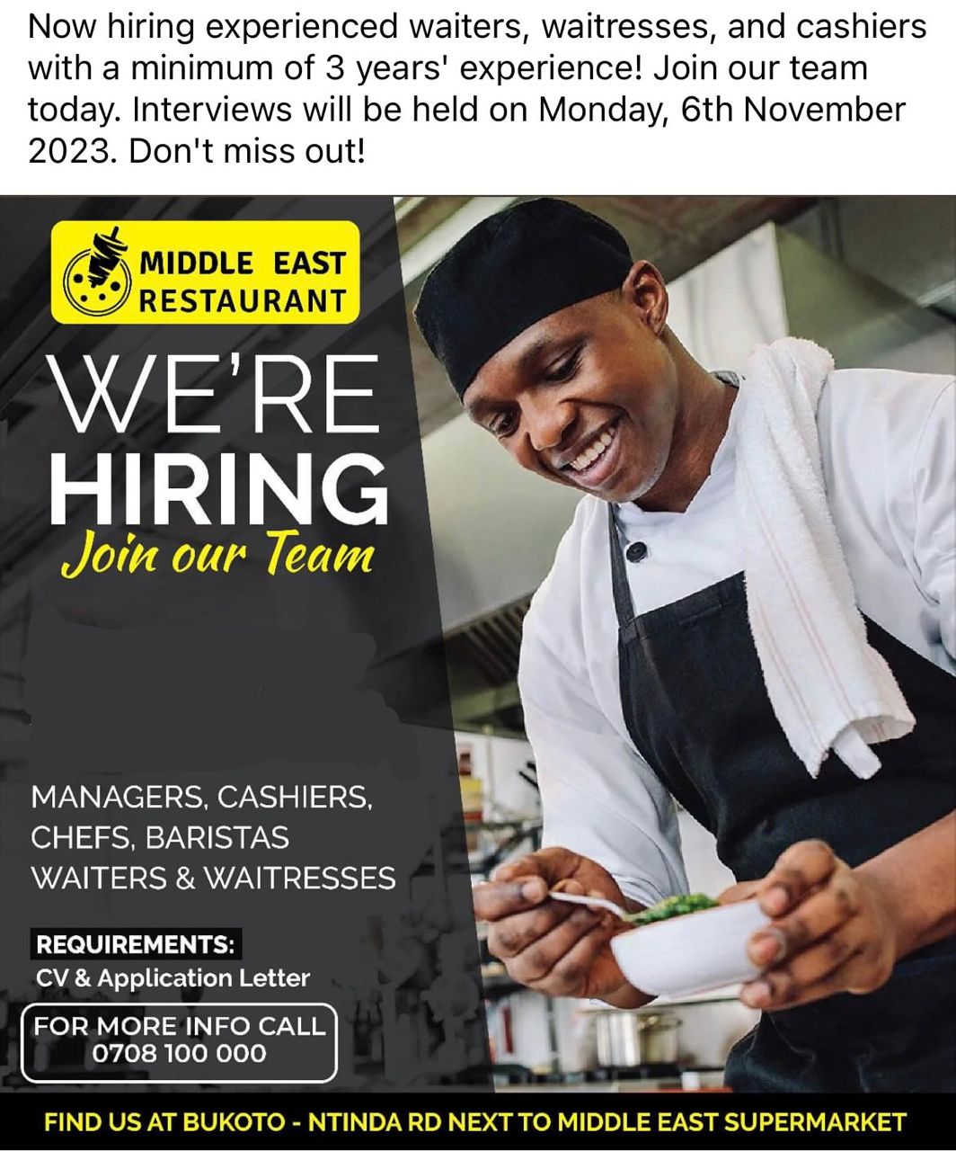 Several Job Vacancies at Middle East Restaurant